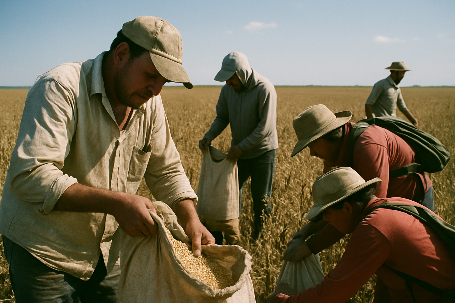 Trabajadores rurales recolectan soja en un campo bajo la luz del sol.