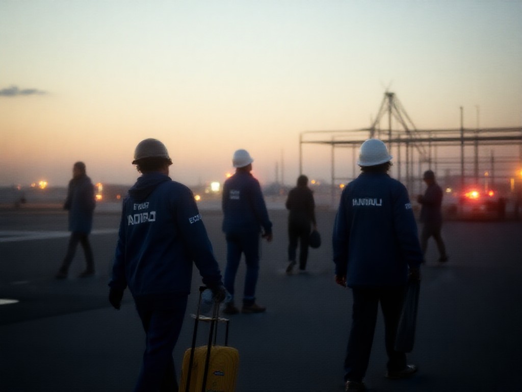 Trabajadores de tierra revisando equipaje en el aeropuerto de Ezeiza al atardecer