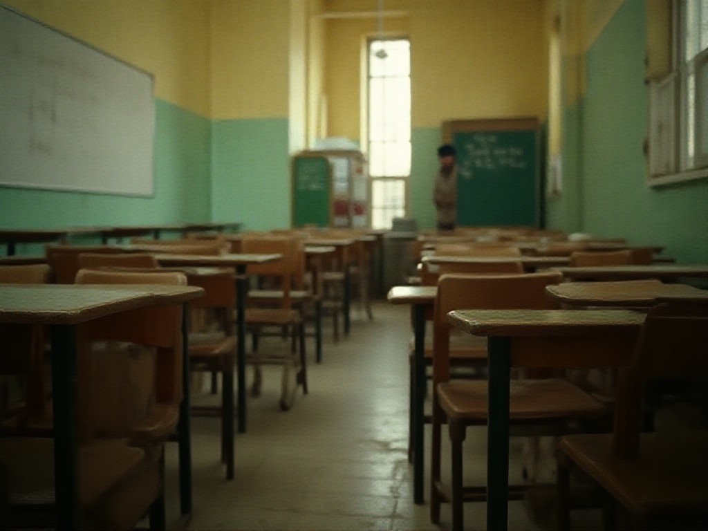 Aula vacía de universidad pública con pupitres de madera y pizarrón con ecuaciones al atardecer
