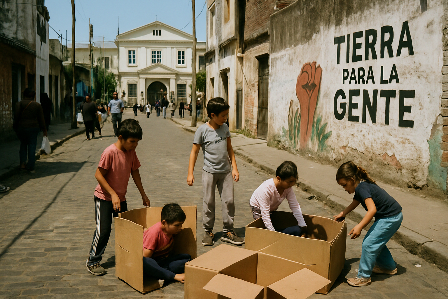 Niños jugando en una calle empedrada de barrio popular con escuela y mural de tierra