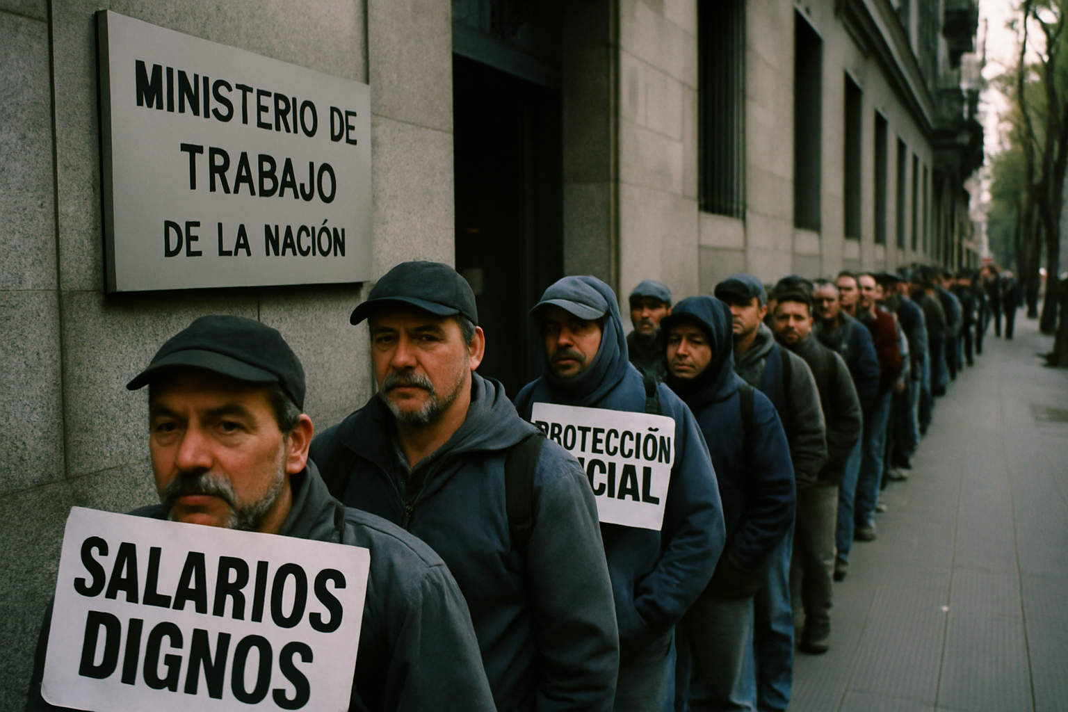 Fila de trabajadores frente al Ministerio de Trabajo con carteles de reclamo bajo luz matutina