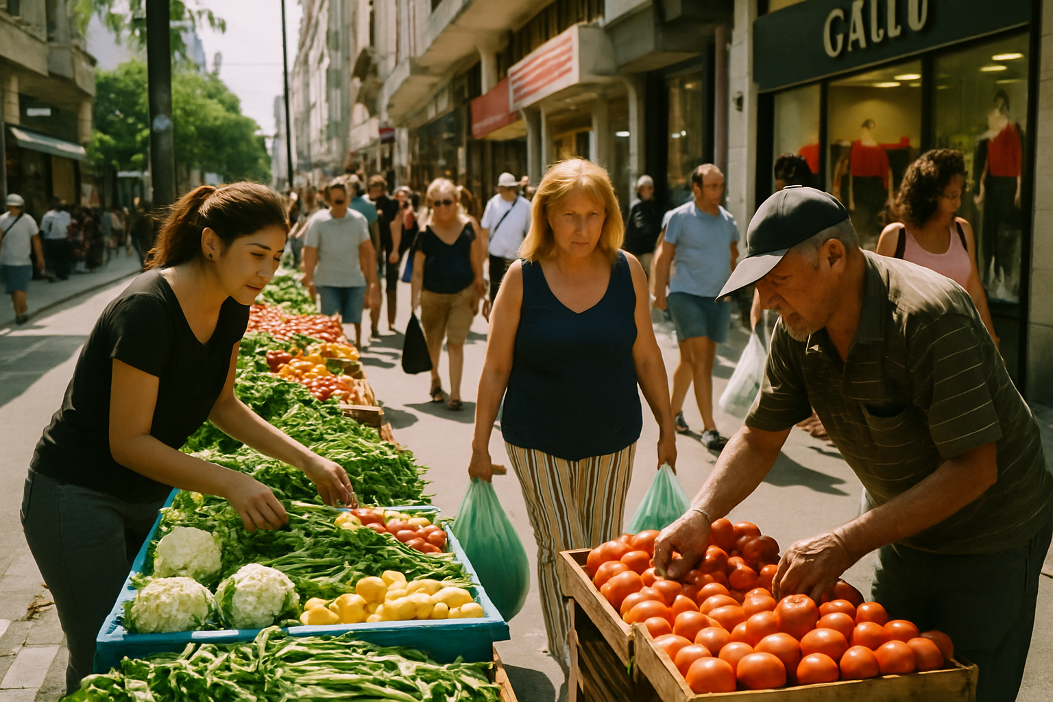 Vendedores ambulantes en una calle de Buenos Aires ofreciendo frutas y verduras frescas.