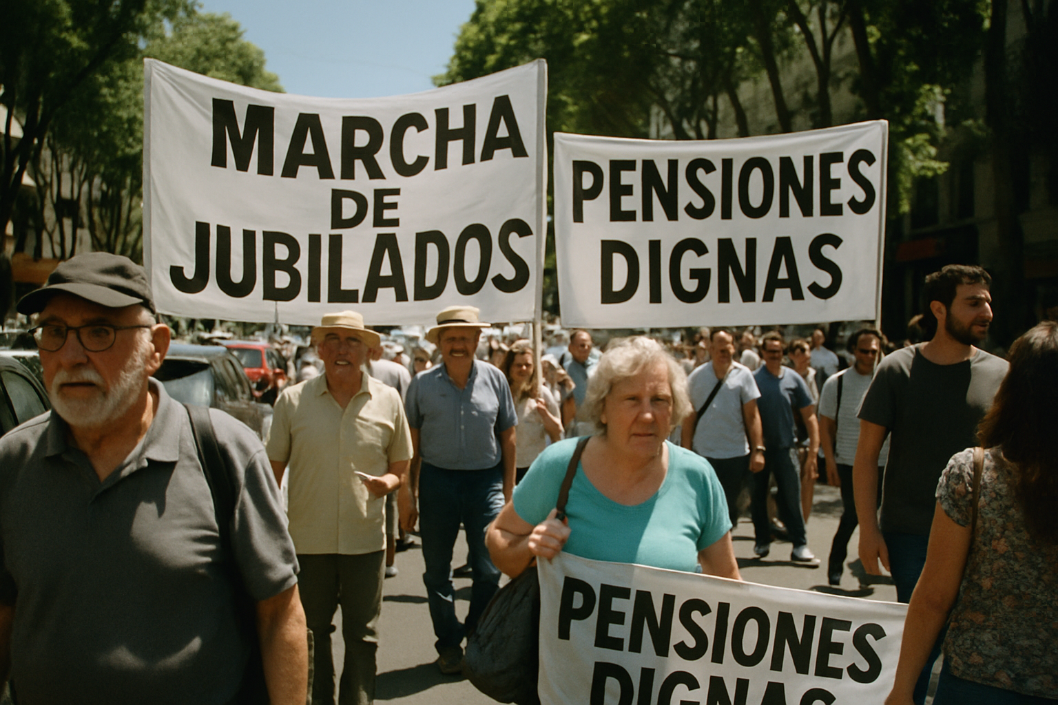 Jubilados marchan en una avenida porteña con pancartas por pensiones dignas bajo sol de mediodía