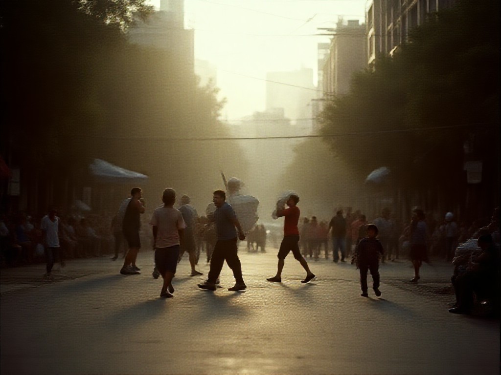 Obreros y niños en una avenida porteña, con colectivo y puesto de empanadas bajo luz de tarde