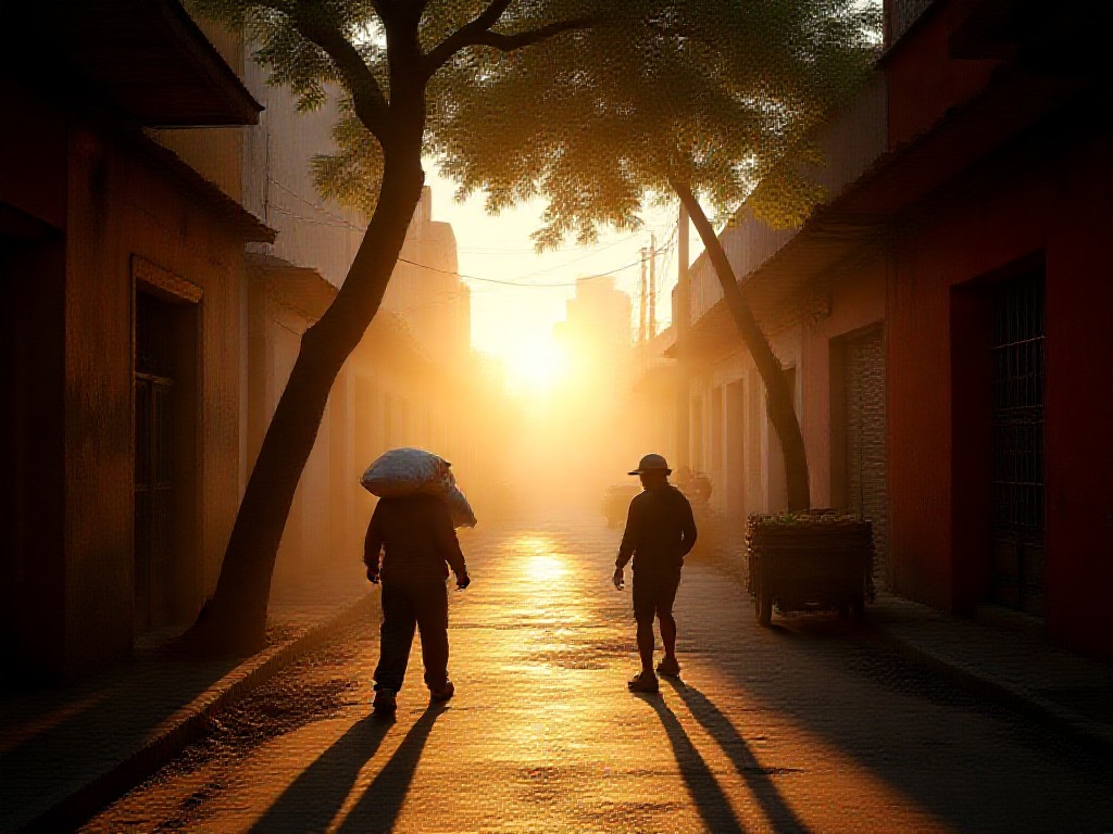 Trabajadores y comerciante en una calle de La Boca al atardecer, bajo luz natural