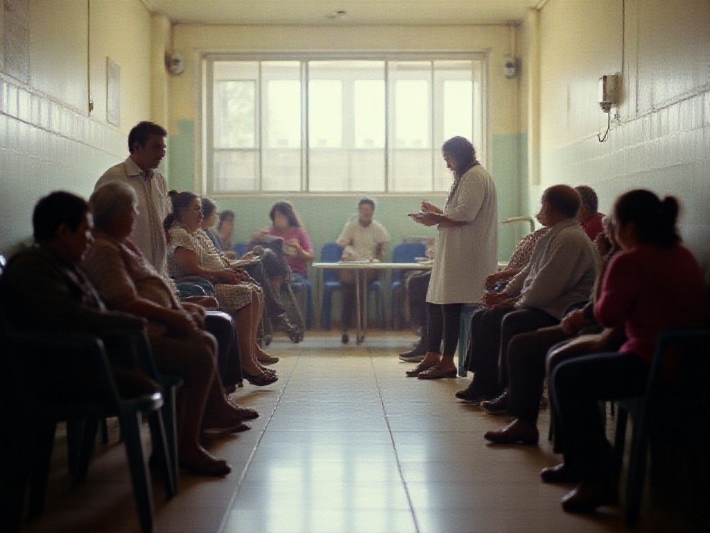 Pacientes y enfermera en una clínica pública de Buenos Aires, esperando atención bajo luz natural