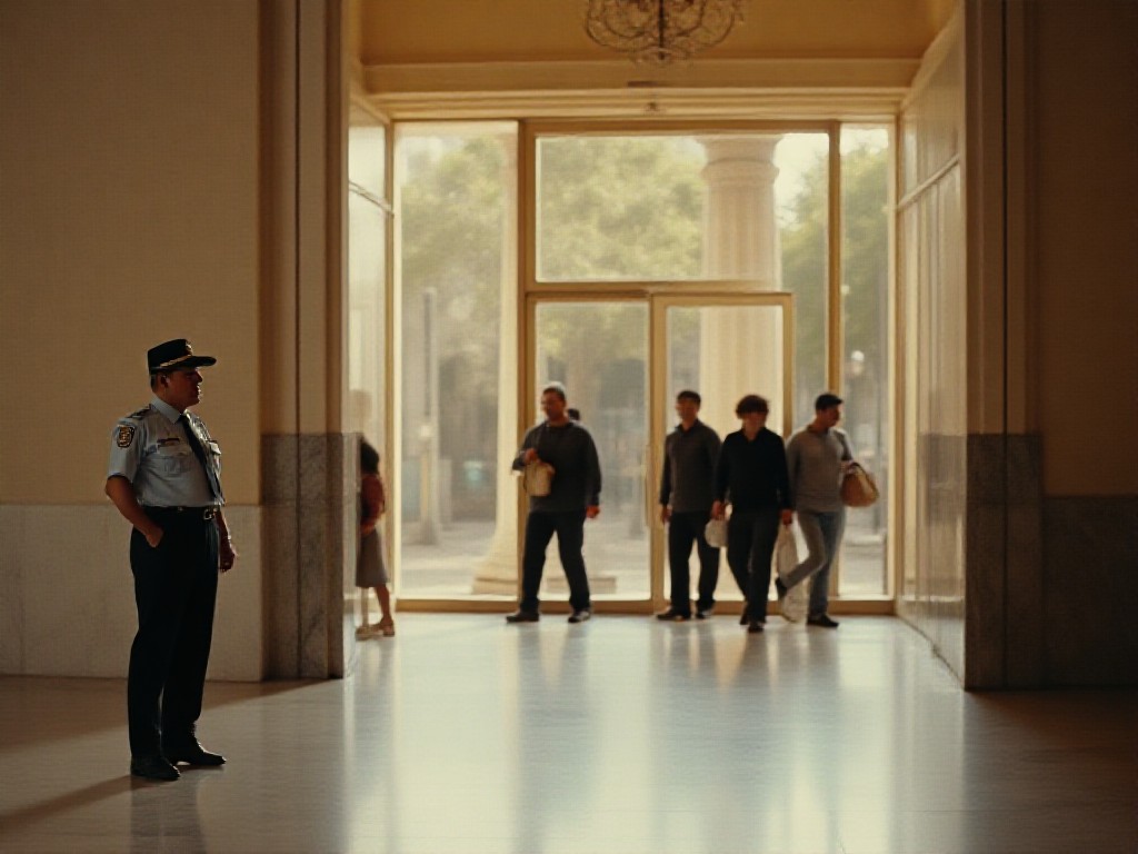 Un guardia de seguridad y empleados caminan en el hall del Banco Central en Buenos Aires.