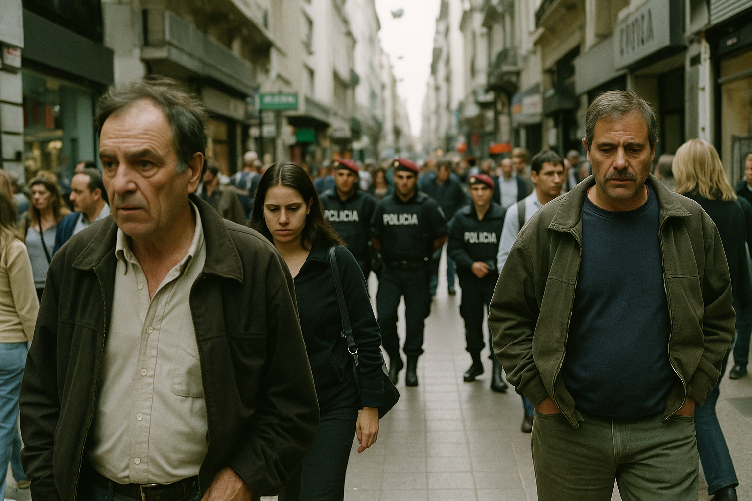 Un grupo de personas camina por una calle concurrida en Buenos Aires mientras unos policías están en el fondo